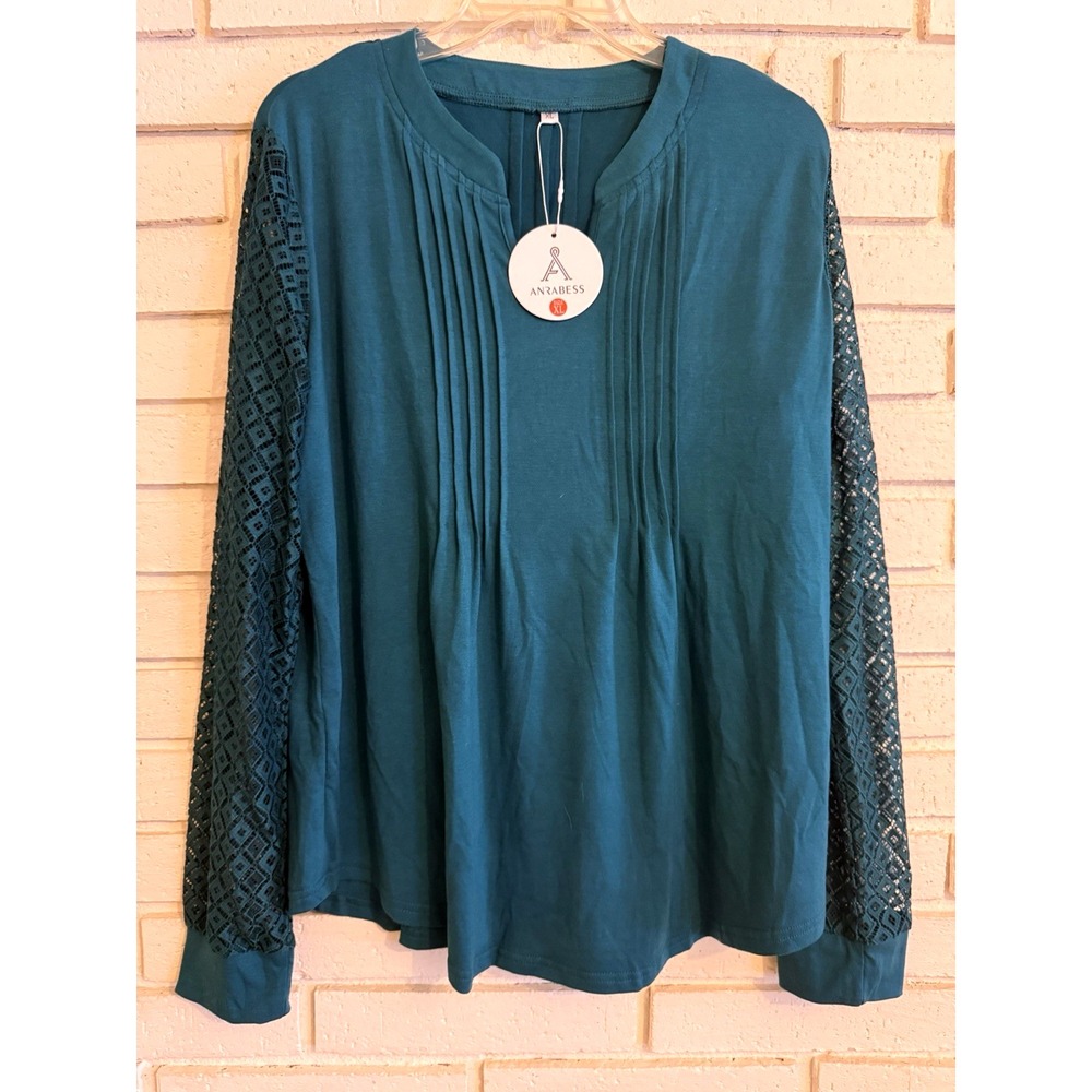 Anrabess Green Pleated Front -Lace Long Sleeve V-neck Top Size XL NEW
